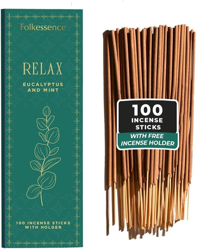 Folkulture Incense Sticks with Holder (100 Sticks)| Eucalyptus Incense Stick for Meditation, Aromatherapy, Realxation Gifts | No Charcoal,Organic,Non Toxic, 45 Mins, Long Burning Insence-Sticks