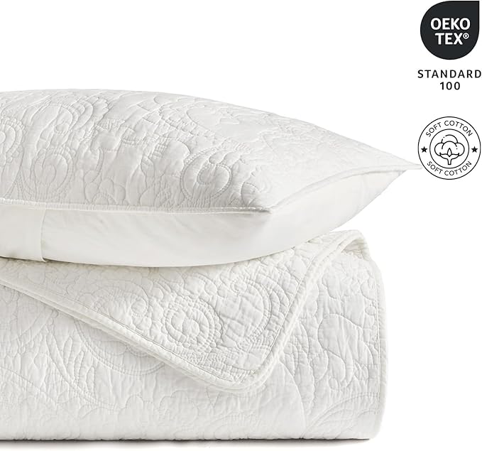 EVERGRACE 100% Cotton Paisley Quilt Set, Queen Size 3 Piece Set – Prewashed Lightweight Bedspread with 2 Shams, Soft & Breathable Matelasse Coverlet for All-Season Comfort, Bright White