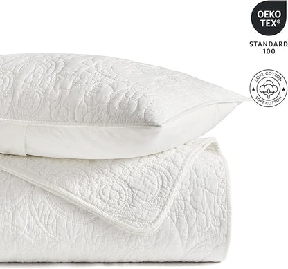 EVERGRACE 100% Cotton Paisley Quilt Set, Oversized King 3 Piece Set – Prewashed Lightweight Bedspread with 2 Shams, Soft & Breathable Matelasse Coverlet for All-Season Comfort, Bright White