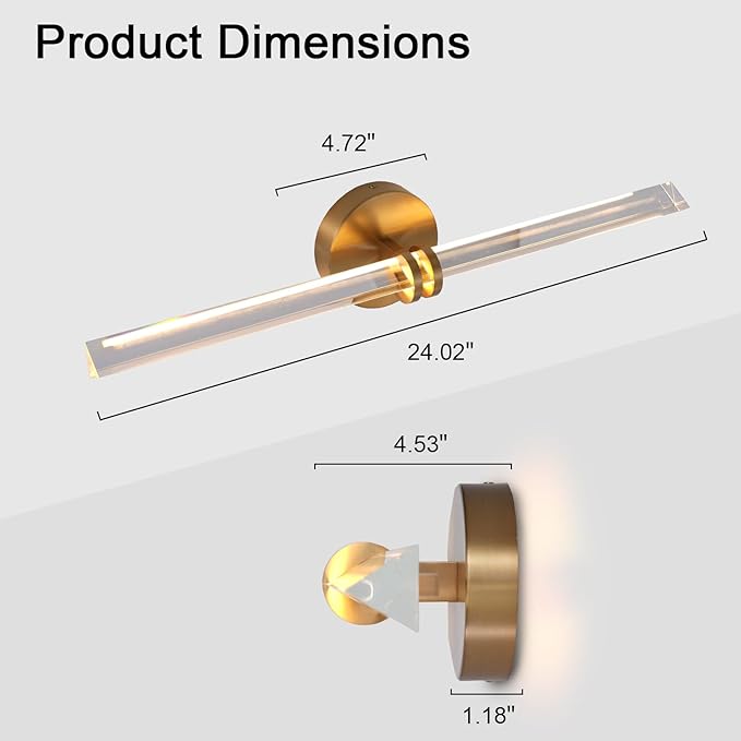 Modern Gold Crystal Picture Light for Wall Hardwired, 24 Inch Dimmable Painting Lights for Wall Art, Vanity, Over Mirror, Paintings, Living Room, Picture Frame (Includes Bulb)