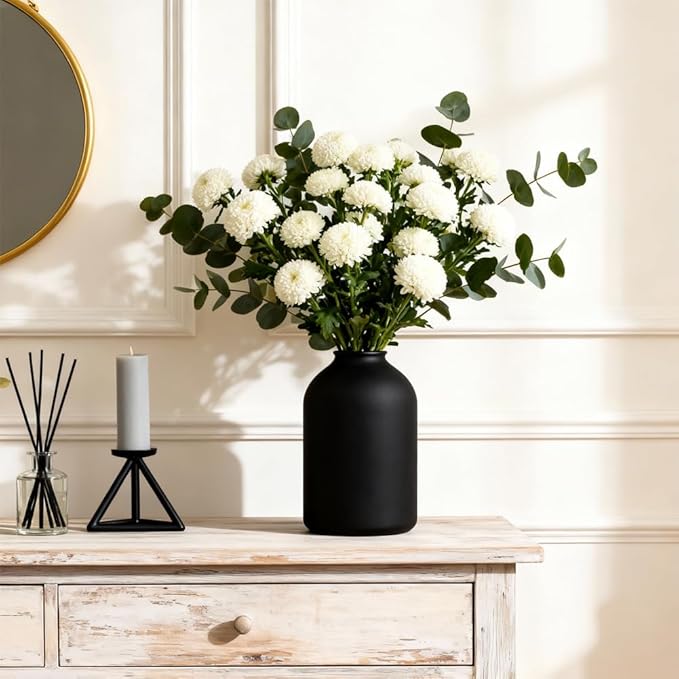 Large Black Ceramic Vase – Modern Matte Flower Vase for Table, Shelf, Mantel, Bathroom, Coffee Table, Centerpieces – Wabi Sabi Home Decor, Minimalist Decorative Accent for Living Room, Office, Dining