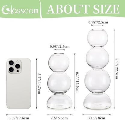Glasseam Unique Small Flower Vase, Cute Blown Glass Vases for Flowers, Modern Ball Bubble Clear Bud Vases - Decorative Round Single Flower Vase for Home Decor