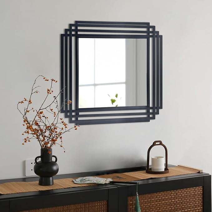 Modern Vanity Mirror, 24"x24" Geometric Art Deco Mirror with Black Metal Frame, Square Elegant Wall Mirrors for Living Room Bathroom Bedroom Entryway Hallway Fireplace