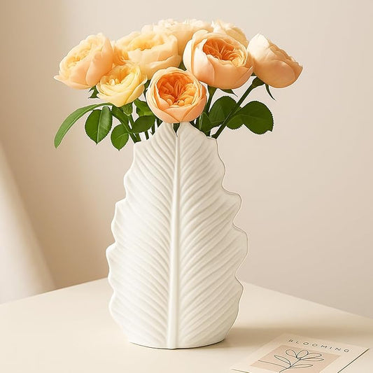 White Matte Ceramic Leaf-Shaped Vase – BEAHOT Modern Minimalist Decorative Flower Vase with Embossed Leaf Texture for Table Centerpiece, Home & Office Decor