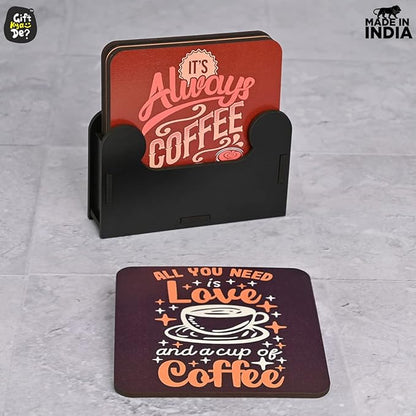 GKD Wooden Coasters for Drinks, Motivational MDF Wooden Coasters Set of 6 with Holder, 3.8 inches Eco-Friendly Absorbent Coaster for Coffee Table, Office, Bar, Drinking Glasses, Tabletop Protection
