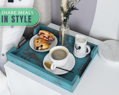 Comfify Rustic Wooden Serving Trays with Handle - Set of 2 - Large and Small Nesting Multipurpose Trays - for Breakfast, Coffee Table/Butler & More - Rustic Blue