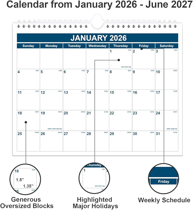 Calendar 2026-2027 - Monthly Wall Calendar from January 2026 - June 2027, Spiral Binding Hanging Wall Calendar 2026 for Home/Office, 8.5" x 11", Blue