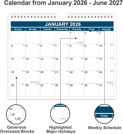 Calendar 2026-2027 - Monthly Wall Calendar from January 2026 - June 2027, Spiral Binding Hanging Wall Calendar 2026 for Home/Office, 8.5" x 11", Blue