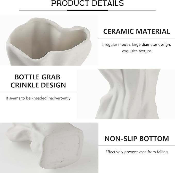 Paper Bag Vase, Unique Crinkle Grab Design Matte Ceramic Vase, Boho Flower Vase for Modern Home Decor, Wedding Dinner Table Party Office Decorative(White)