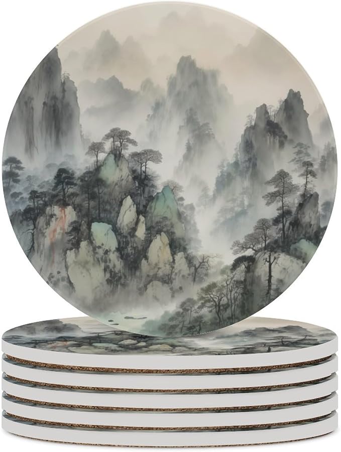 Round-6PCS Forest Ceramic Coasters, Round Absorbent Drink Coasters, Watercolor Japan China Style Nature Mountain Woodland Green Forest Ceramic Table Coasters for Coffee, Beverage, Wine, Beer Coasters