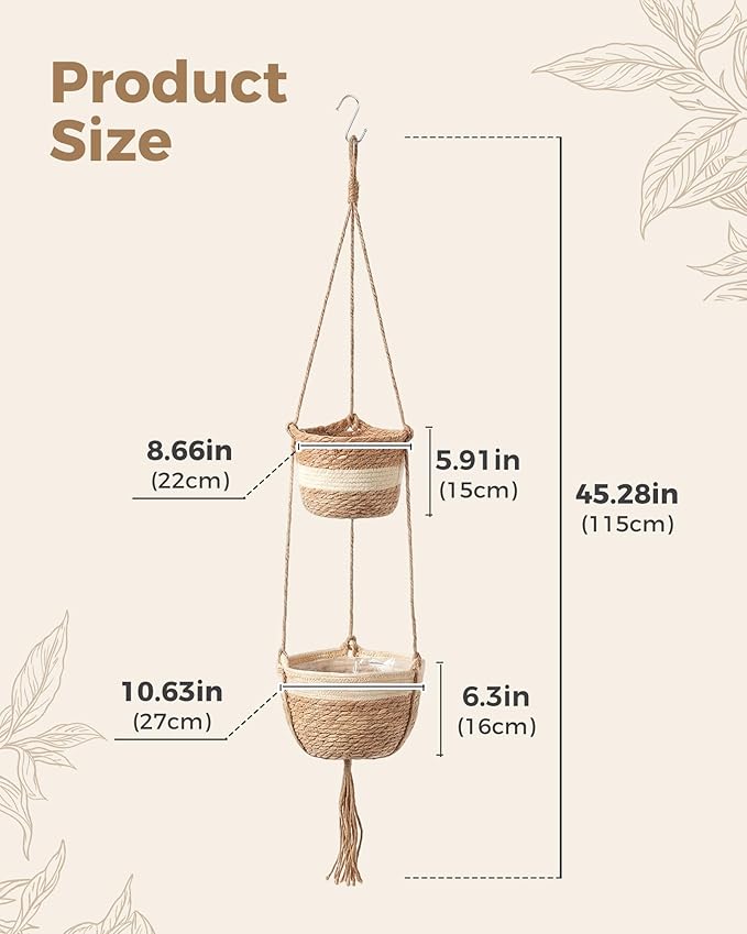 Leaf&lull Macrame Plant Hanger 2-Tier Window Plant Shelf for Indoor Outdoor Plants Rattan Wall Hanging Decorative Hanging Planters for Boho Decor, Wall Decor and Home Decor