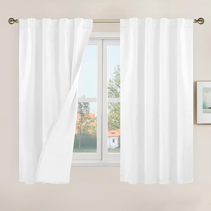 LAMIT 100% Blackout White Linen Curtains 48 Inches Long, Linen Textured Living Room Kitchen Window Curtains Full Room Darkening Back Tab and Rod Pocket Panels with White Liner, 2 Panels, 34 x 48 Inch