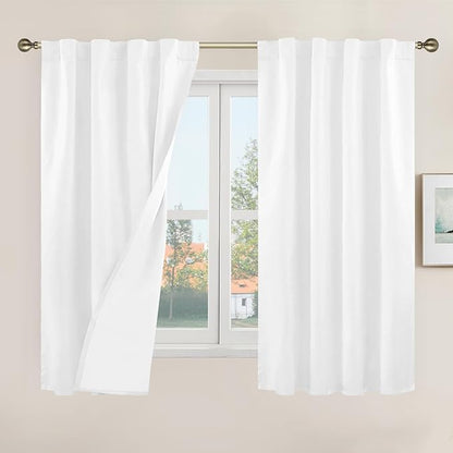 LAMIT 100% Blackout White Linen Curtains 48 Inches Long, Linen Textured Living Room Kitchen Window Curtains Full Room Darkening Back Tab and Rod Pocket Panels with White Liner, 2 Panels, 34 x 48 Inch
