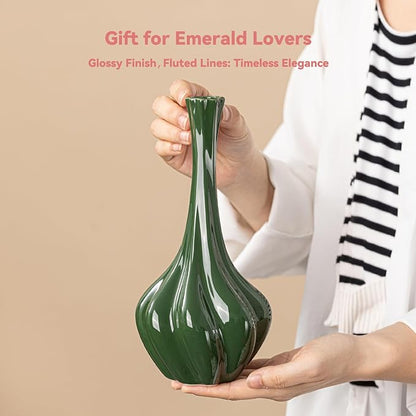 Christmas Decor Emerald Green Ceramic Vase with Fluted Texture - 9.1" Unique Flower Vase for Pampas Grass & Centerpieces, Decorative Boho/Farmhouse Vase for Living Room, Office & Gift for Her/Yourself