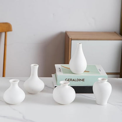 White Ceramic Bud Vase Set of 5, Mini Vases for Flowers, Decorative Small Vases for Home Decor, Boho Wedding Centerpieces, Living Room, Dining Table & Shelf Decor