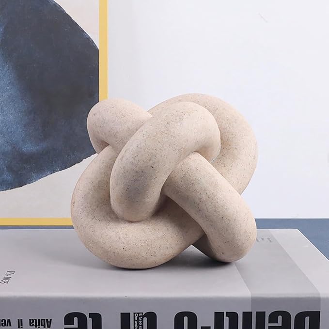 Handmade Sandstone Geometric Knot Sculpture Decor, Modern Decorative Chain Link Statue Ornament for Home & Office, Small Tabletop Accent for Coffee Table & Shelf Decor