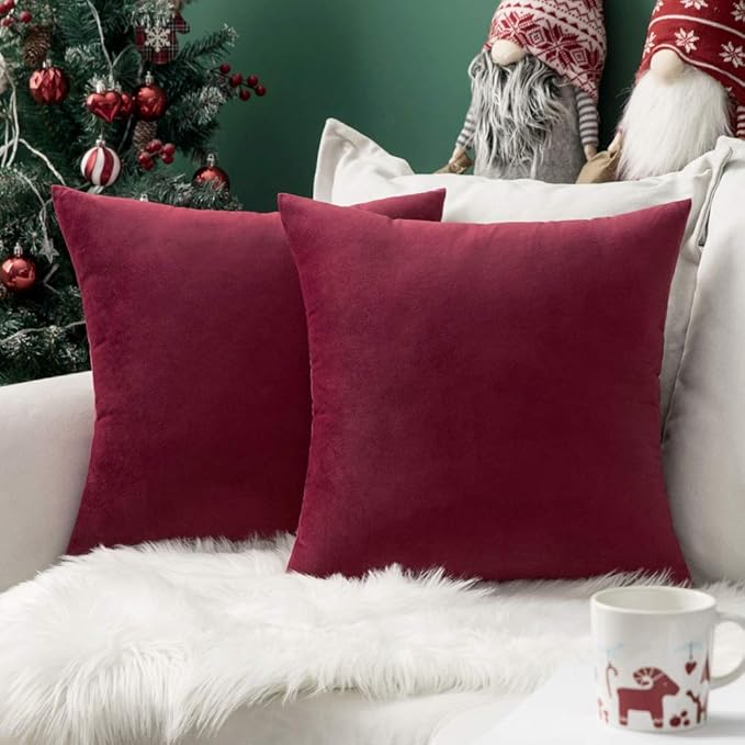 MIULEE 26x26 Inch Euro Sham Velvet Pillow Covers, Set of 2 Large Square Christmas Decorative Pillows -Wine Red Super Soft for King Bed, Sofa, Couch, Accent Chairs