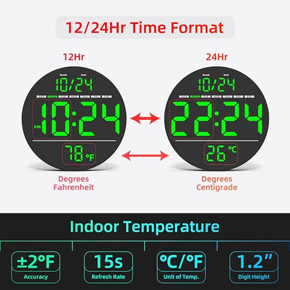 Digital Wall Clock with Large LED Display, Date, Temperature, Auto-Brightness | Small [PLUG-IN] Clock | Modern Electric Wall Clock for Bedroom, Classroom, Living Room, Home, Office, Farmhouse – Green
