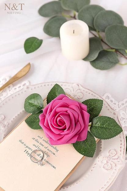 N&T NIETING Artificial Flowers, Foam Roses Perfect for Valentine's Day DIY Wedding Bridal Bouquets Centerpieces Bridal Shower Party Home Flower Arrangement Decor 25Pcs, Hot Pink