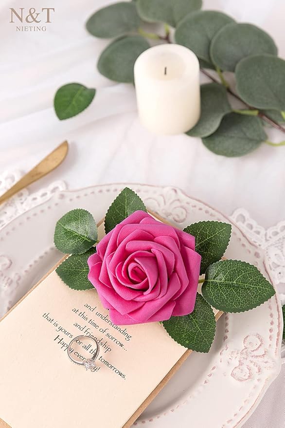 N&T NIETING Artificial Flowers, Hot Pink Artificial Roses, 50pcs Fake Flowers with Stem for DIY Wedding Bouquets Centerpieces Bridal Baby Shower Party Home Arrangement Decoration