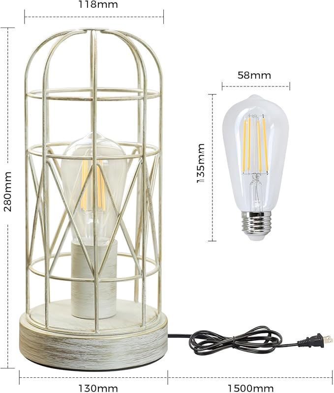 Unique Industrial Cage Table Lamp with Touch Control & Dimmable Light - 28" Metal Mesh Desk Lamp with 3-Way Dimmer, E26 Socket, Includes LED Bulb, White