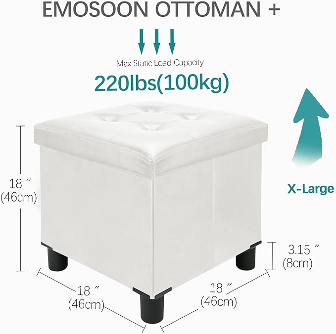 18 Inches Cube Storage Ottoman, Faux Leather Collapsible Square Folding Ottoman Furniture with Storage for Living Room Bedroom, Foot Rest Foot Stool with Legs, White 18x18x18 Inches