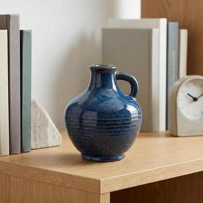 Sunddo 6 Inch Blue Ceramic Vase - Small Rustic Vases for Home Decor, Pitcher Modern Flower Vase for Bookshelf and Bathroom Decor, Nightstand, Dining, Centerpiece Table Decorations