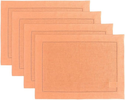 Solino Home Linen Cloth Placemats Set of 4-100% Pure Linen Hemstitch Coral Placemats 14 x 19 Inch - Classic Hemstitch Table Place Mats for Valentines