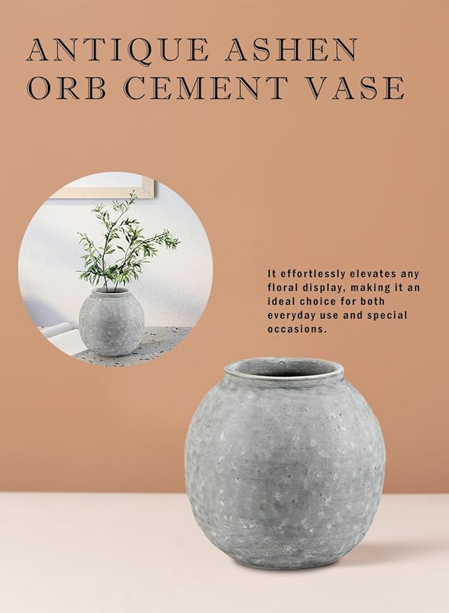 Serene Spaces Living Antique Ashen Orb Cement Vase, Grey Concrete Floral Vase, Home, Office Decor, Table Centerpiece for Vintage Wedding, Anniversary, Birthday, Holiday, 8.5" Diameter & 8.5" Tall