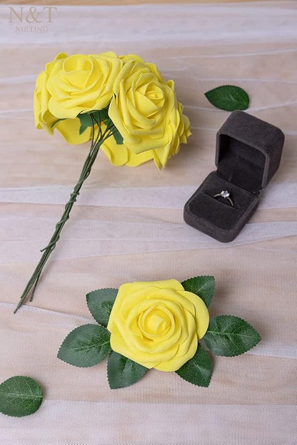 N&T NIETING Artificial Flowers, 25Pcs Fake Flowers Roses Perfect for DIY Wedding Bouquets Centerpieces Bridal Shower Party Home Flower Arrangement Easter Flower Decorations, Yellow