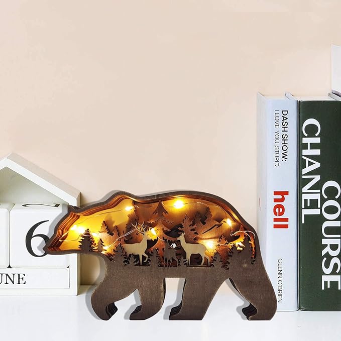 Light Up Bear Art Decor Wooden Brown Bear Figurine with LED Home Shelf Desk Decorations Rustic Multi-Layer Bear Crafts