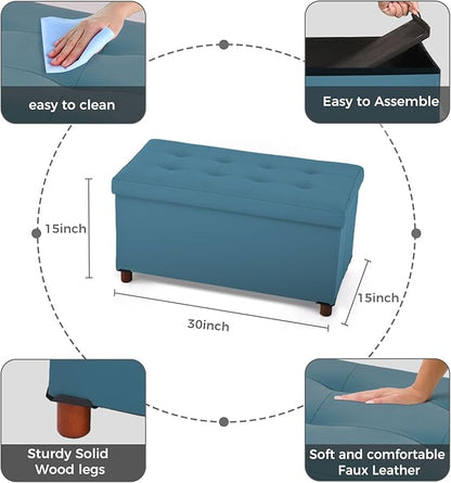 Ottoman Storage Bench for Living Room Storage Ottoman with Tray Bedroom Foot Stool Storage Ottomans Coffee Table Lid Storage Footstool with Legs end of Bed Faxu Leather 30" Inch (D-Blue)