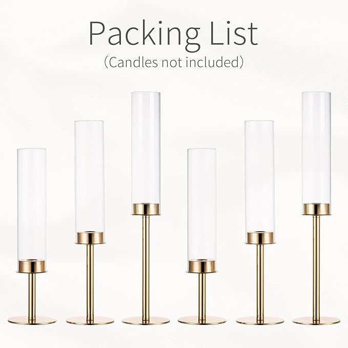 Hurricane Taper Candle Holders: Gold Glass Candlestick Holder Tall Candle Sticks Holder Decor with Glass Cover for Wedding Table Centerpiece Party Birthday Christmas Home Mantel Set of 6