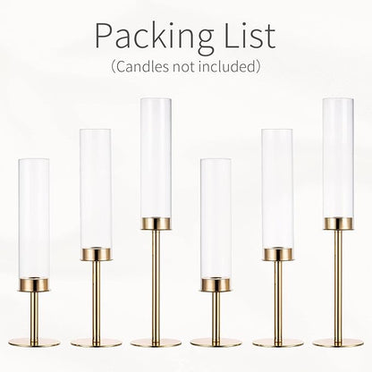 Hurricane Taper Candle Holders: Gold Glass Candlestick Holder Tall Candle Sticks Holder Decor with Glass Cover for Wedding Table Centerpiece Party Birthday Christmas Home Mantel Set of 6