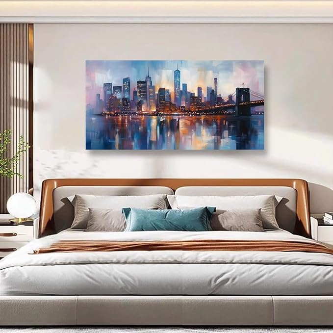 Abstraction Pictures Canvas Wall Art for Living room Office Bedroom Wall Decor,City Wall Art Print Paintings Modern Blue Great bridge Artwork Waterproof Ready to Hang-20x40inch