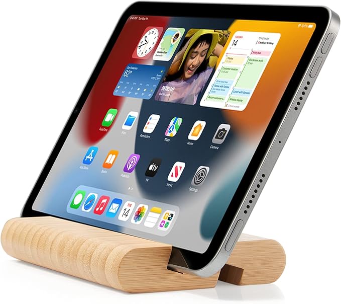 Bamboo Cell Phone Stand Wooden Tablet Stand for Desktop, Wood Cell Phone Holder Desk Tablet Holder Mobile Stand for iPhone iPad Tablets and All Phones (Large Size)
