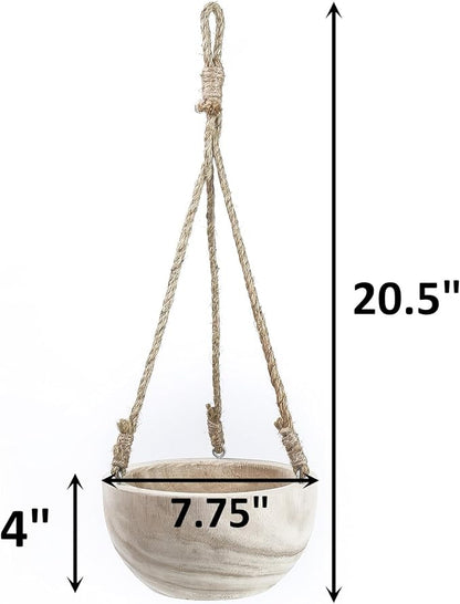 CYS EXCEL Small Wooden Hanging Planter Paulownia Wood Bowl Basket with Jute Rope for Indoor Plants Succulents