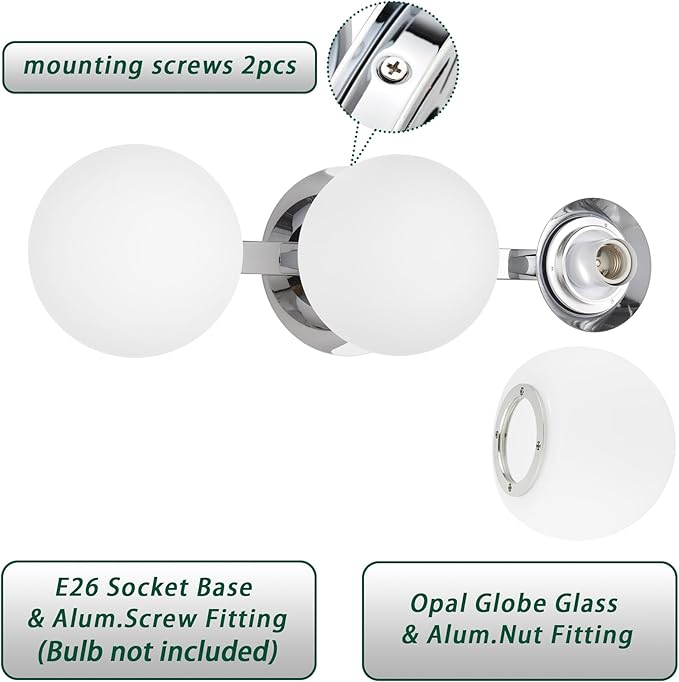 Chrome Globe Bathroom Vanity Light Fixtures, Modern 3 Lights Wall Lighting, Porch Wall Mount Light Fixture for Bathroom, Over Mirror Cabinets