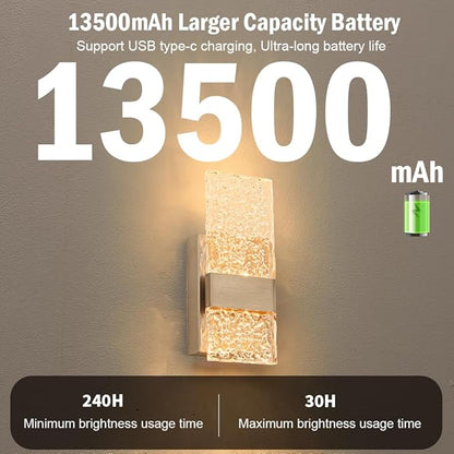 Modern Brushed Nickel Battery Operated Wall Sconces Set of 2 - Rechargeable LED Wall Sconce Lighting with Acrylic Shade, Wireless Bedroom/Living Room Art Deco Light Fixtures