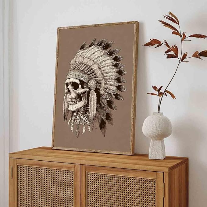 Native American Pictures Indian Chief Painting Skulls And Feathers Wall Art Ethnic Skulls Sheik Wall Art Tribal Indian Chief Poster Skull Pictures Vintage Halloween Living Room Decor 16x24in No Frame
