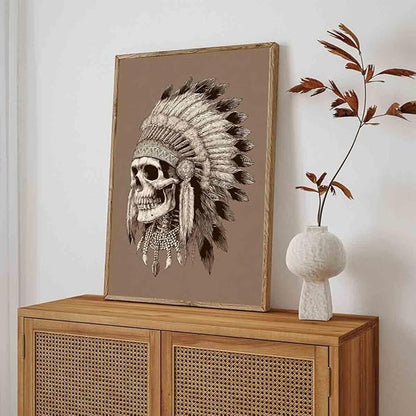 Native American Pictures Indian Chief Painting Skulls And Feathers Wall Art Ethnic Skulls Sheik Wall Art Tribal Indian Chief Poster Skull Pictures Vintage Halloween Living Room Decor 16x24in No Frame