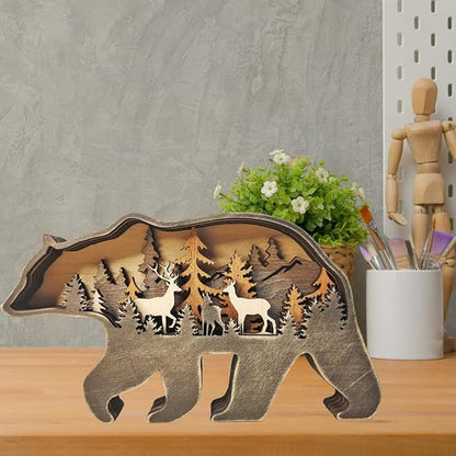 Wooden Bear Art Decor Brown Bear Figurine Rustic Home Shelf Desktop Creative Decorations Multi-Layer Silhouette Crafts