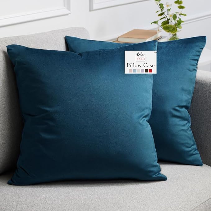 lalaLOOM Velvet Throw Pillow Covers, Set of 2, 24x24 Decorative Square Pillows Home Decor, Soft Accent Cases, Silky Machine Washable Pillowcases for Sofa, Couch, Bedroom, Living Room, Peacock