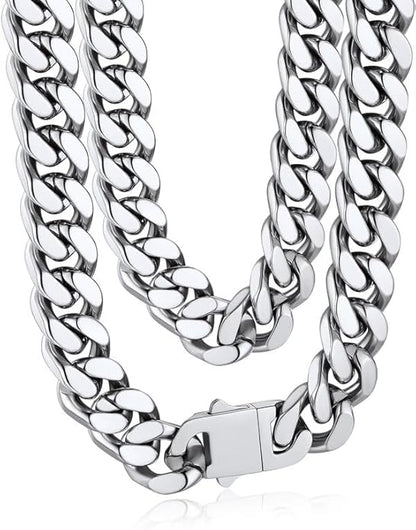 Bandmax Mens Stainless Steel Chain Necklaces 5/7/9/12MM Chunky Miami Cuban Link Chain Necklace Bracelet Silver/Gold Plated/Black Chains for Men 18"-30"