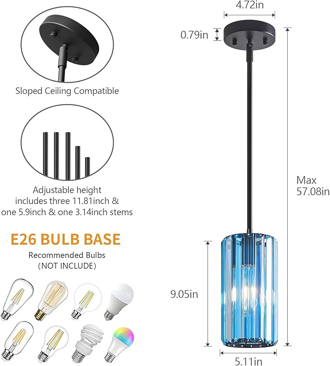 Modern Crystal Pendant Light Mini Light Blue Chandeliers Adjustable Pendant Lights Fixture for Kitchen Island Dinning Room Corridor Bedroom(Light Blue 3-Pack)