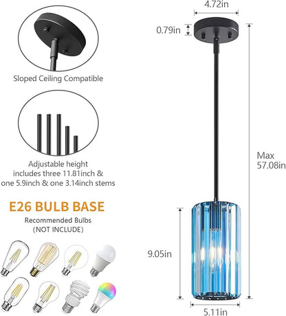 Modern Crystal Pendant Light Mini Light Blue Chandeliers Adjustable Pendant Lights Fixture for Kitchen Island Dinning Room Corridor Bedroom(Light Blue 3-Pack)