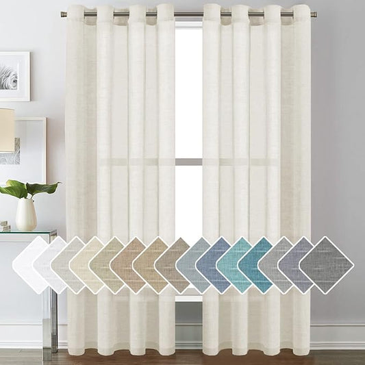 H.VERSAILTEX Natural Linen Curtains Semi-Sheer Curtains Nickel Grommet Privacy Added Premium Soft Rich Material Curtain Panels for Living Room(Set of 2, 52 by 84 Inch, Ivory)