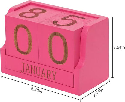 Block Calendar,Wooden Perpetual Blocks,Small Desk Decor for Office Desktop Vintage Month Date Number Cubes Display Home Chic Rustic Decoration(Hot Pink)