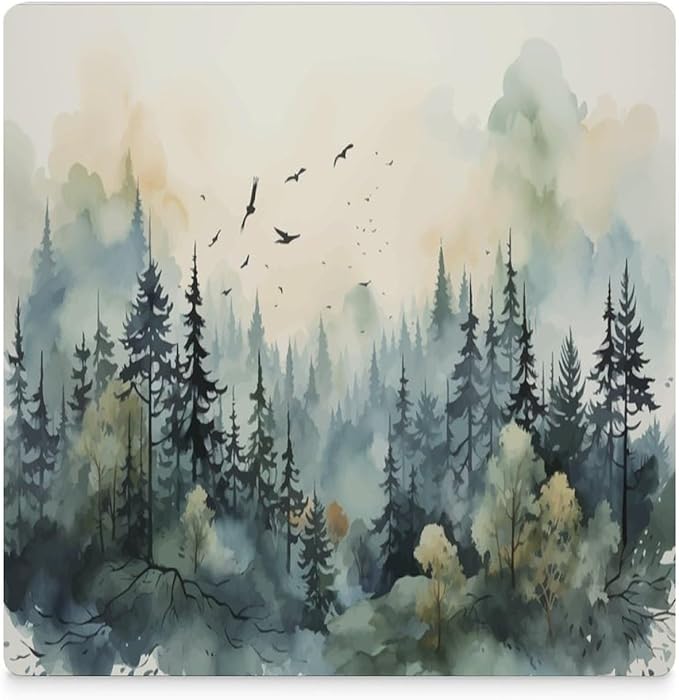 6PCS Forest Drink Coasters, Square Modern Ceramic Absorbent Coasters, Watercolor Style Nature Mountain Woodland Green Forest Flying Birds Decor Desk Coffee Table Coaster for Beverage Cup Tea Coasters