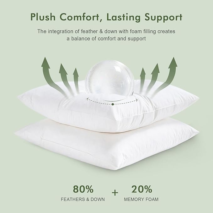 Feathers Down Throw Pillow Inserts 22x22, Set of 2, 100% Organic Cotton Shell, Soft Decorative Square Pillows Insert for Living Room Sofa, Couch, or Bed (White)